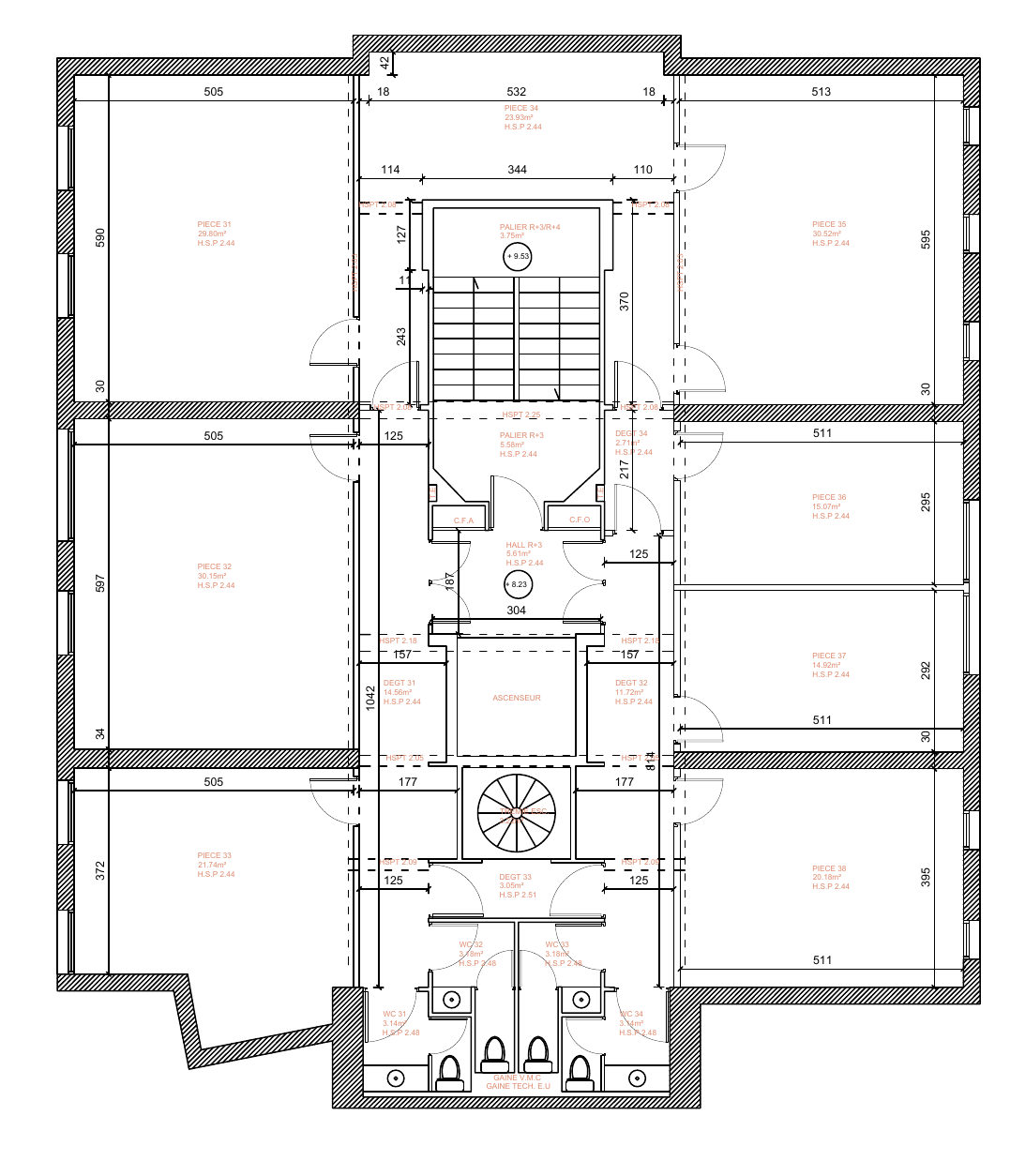Plan d'étage coté d'un immeuble de rapport.