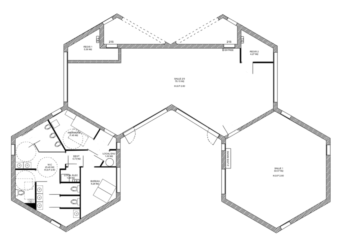 Plan d'un groupe scolaire composé de volumes hexagonaux raccordés.